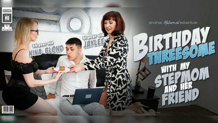 Stepson enjoys a birthday threesome with two hot MILFs